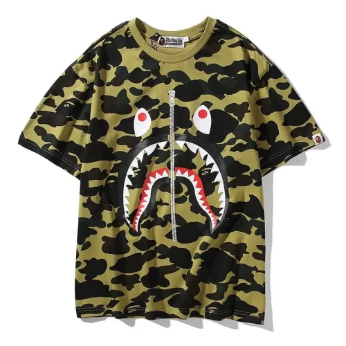 APE Camo Shark Print Spliced Fashion Street Loose Cotton T to Shirt Unisex Style 2