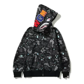 APE Shark Mouth Zip Hood Starry Print Sweatshirt Unisex Loose Jacket
