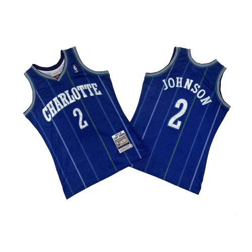 Charlotte Hornets No 2 Purple Stripe 84 85 Mitchell Retro Jersey Cheap Larry Johnson
