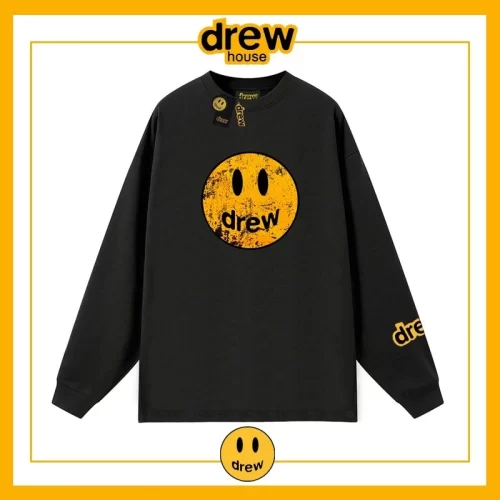 Drew House Distressed Smiley Print Long Sleeve T-Shirt Unisex Cotton Style 1
