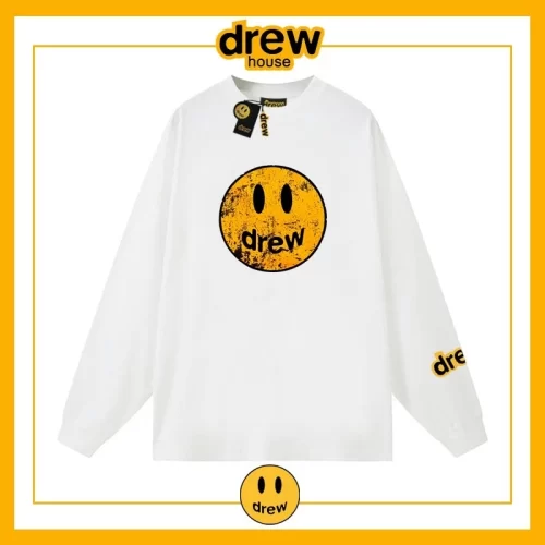 Drew House Distressed Smiley Print Long Sleeve T-Shirt Unisex Cotton Style 10