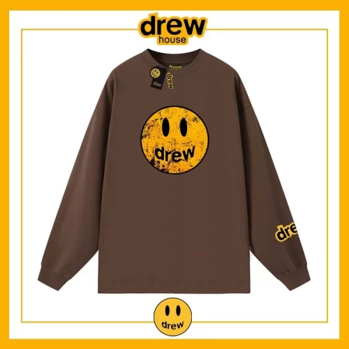 Drew House Distressed Smiley Print Long Sleeve T-Shirt Unisex Cotton Style 5