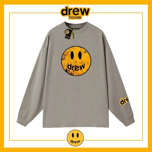 Drew House Distressed Smiley Print Long Sleeve T-Shirt Unisex Cotton Style 8