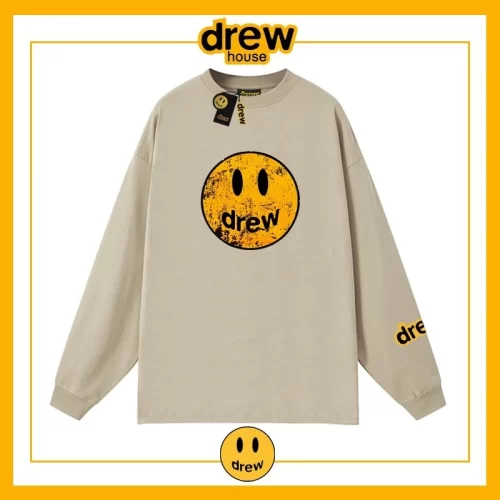 Drew House Distressed Smiley Print Long Sleeve T-Shirt Unisex Cotton Style 9