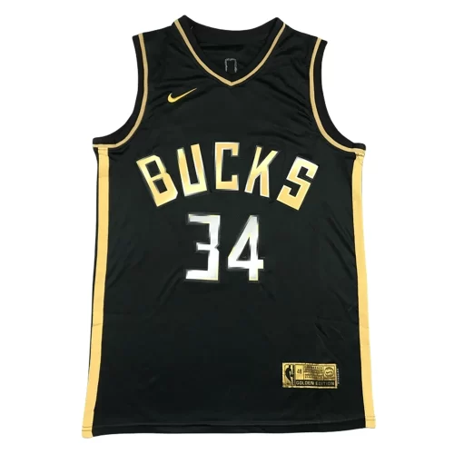 New Milwaukee Bucks 34 Black Gold Jersey Cheap