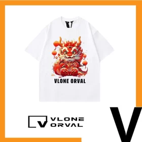 Vlone Orval Dragon Year Zodiac Heavyweight Cotton Short Sleeve T Shirt American Loose Summer Couple