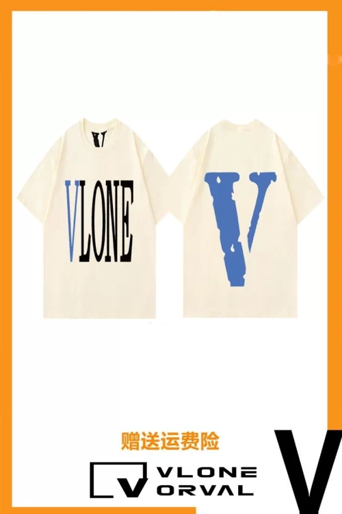 Vlone Orval Solid Blue Big V Short Sleeve Cotton Couple T Shirt Street Summer